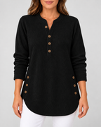 Women's Ribbed Tunic Top with Henley Neck and Side Buttons – Black – 1