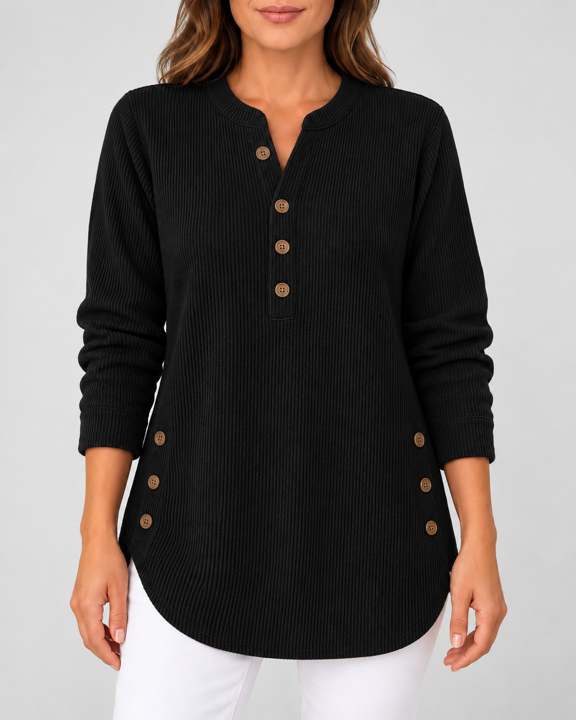 Women's Ribbed Tunic Top with Henley Neck and Side Buttons – Black – 1