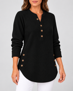 Women's Ribbed Tunic Top with Henley Neck and Side Buttons – Black – 2