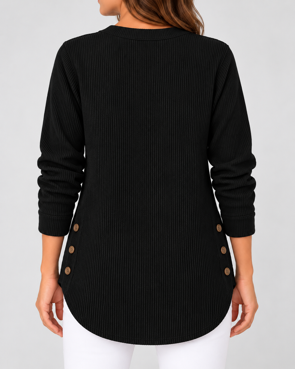 Women's Ribbed Tunic Top with Henley Neck and Side Buttons – Black – 3