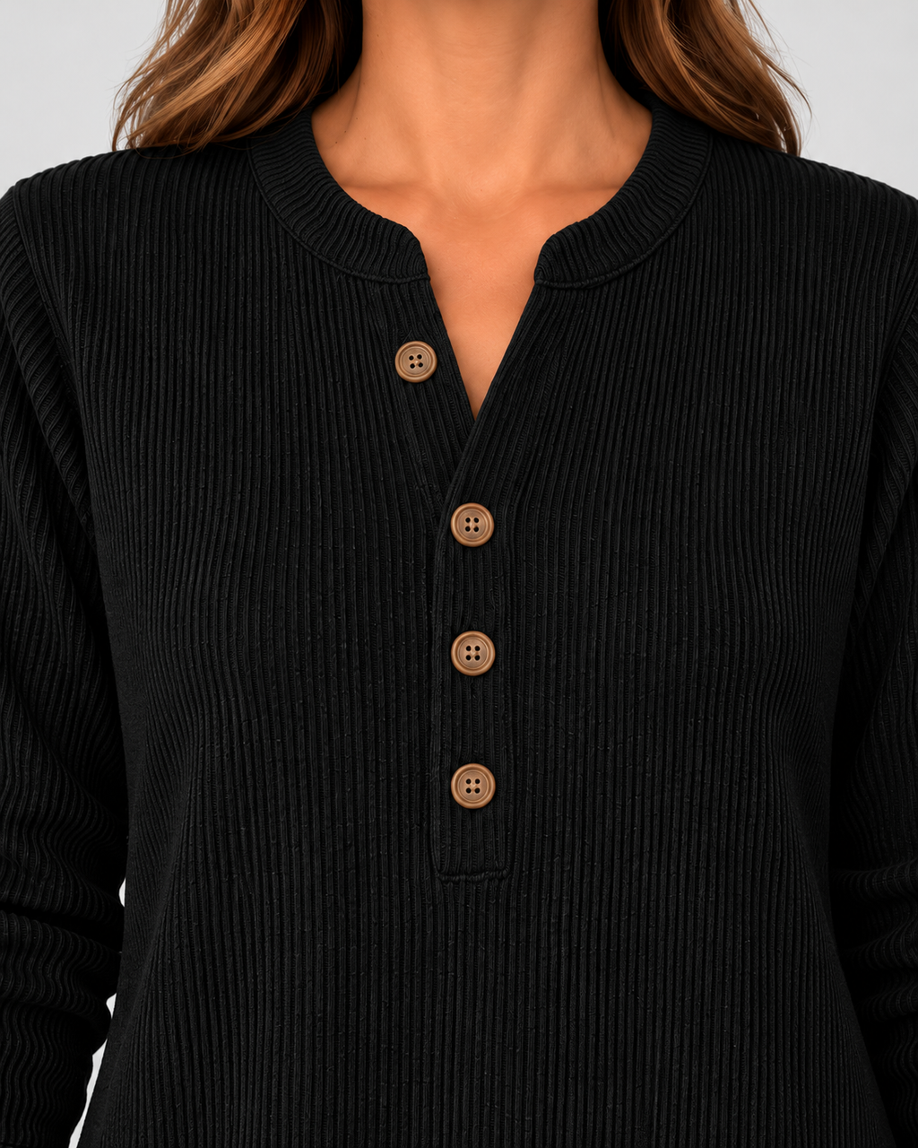 Women's Ribbed Tunic Top with Henley Neck and Side Buttons – Black – 4