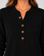 Women's Ribbed Tunic Top with Henley Neck and Side Buttons – Black – 4