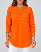 Women's Ribbed Tunic Top with Henley Neck and Side Buttons – Orange – 1