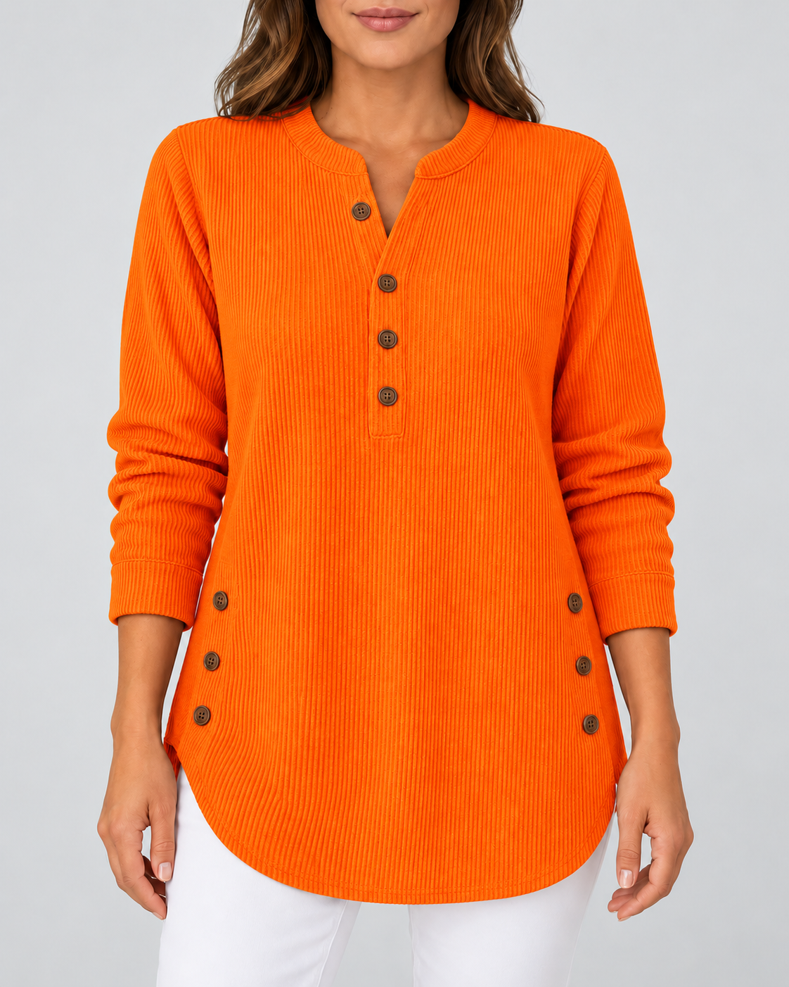 Women's Ribbed Tunic Top with Henley Neck and Side Buttons – Orange – 1