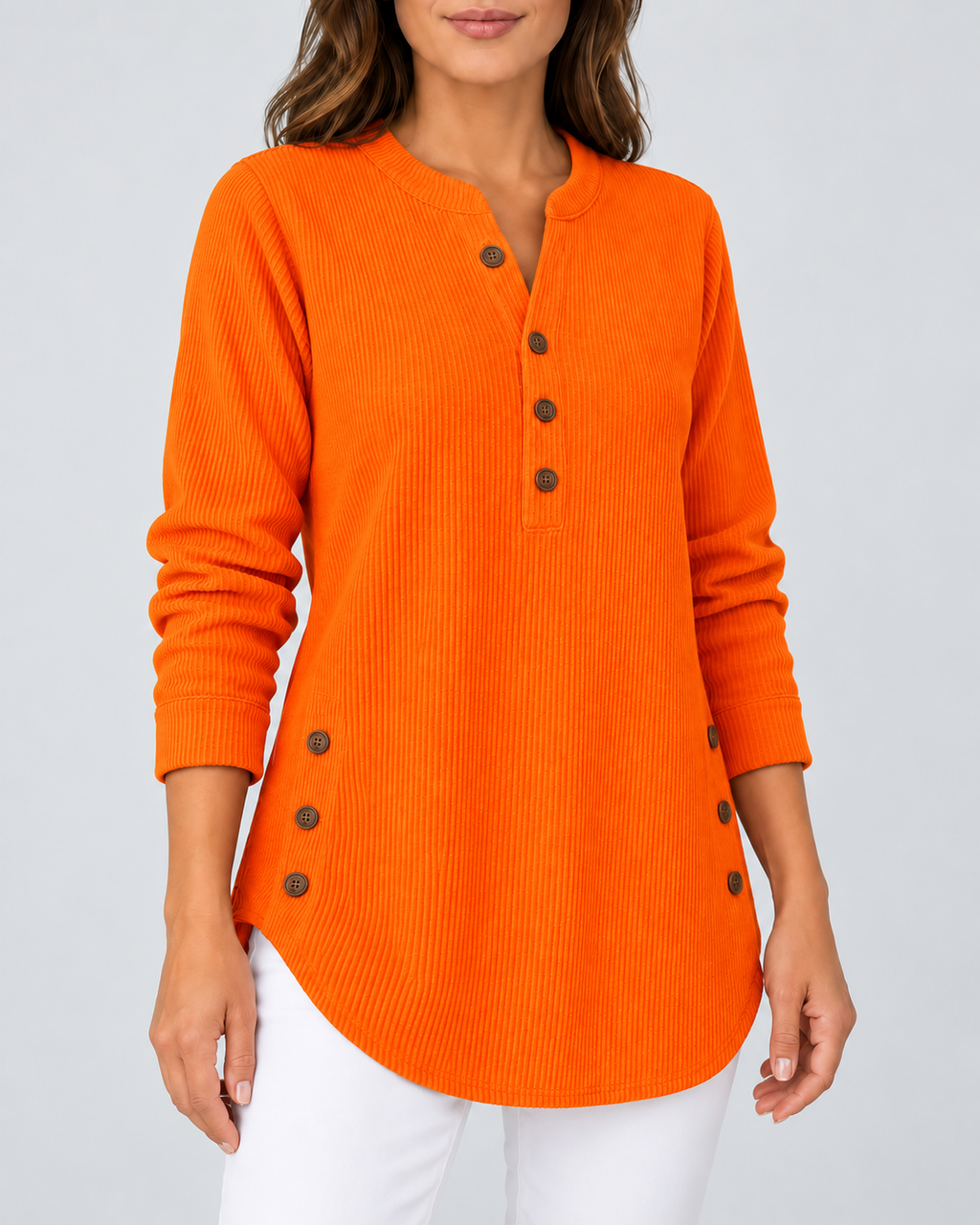 Women's Ribbed Tunic Top with Henley Neck and Side Buttons – Orange – 2