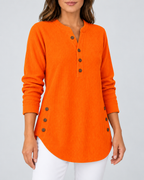 Women's Ribbed Tunic Top with Henley Neck and Side Buttons – Orange – 2