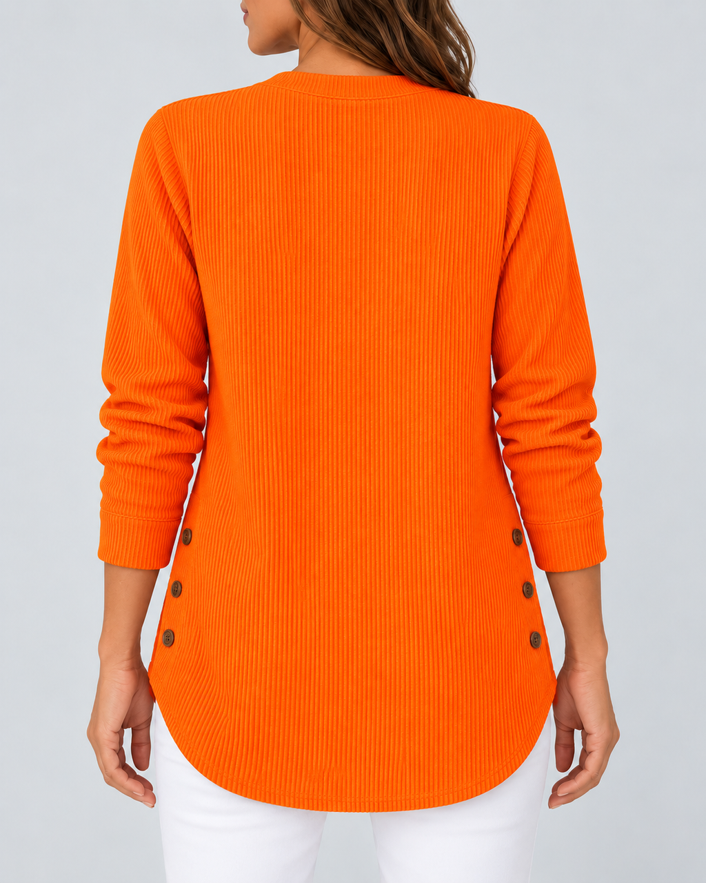 Women's Ribbed Tunic Top with Henley Neck and Side Buttons – Orange – 3