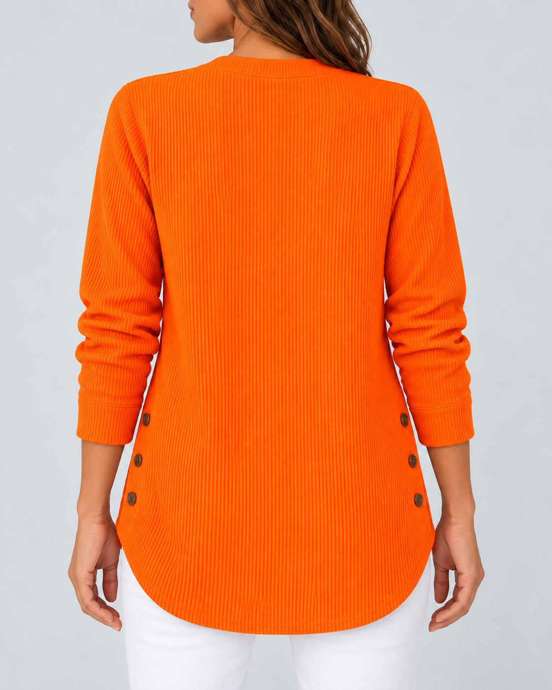 Women's Ribbed Tunic Top with Henley Neck and Side Buttons – Orange – 3