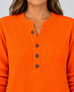 Women's Ribbed Tunic Top with Henley Neck and Side Buttons – Orange – 4