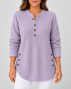 Women's Ribbed Tunic Top with Henley Neck and Side Buttons – Lavender – 1