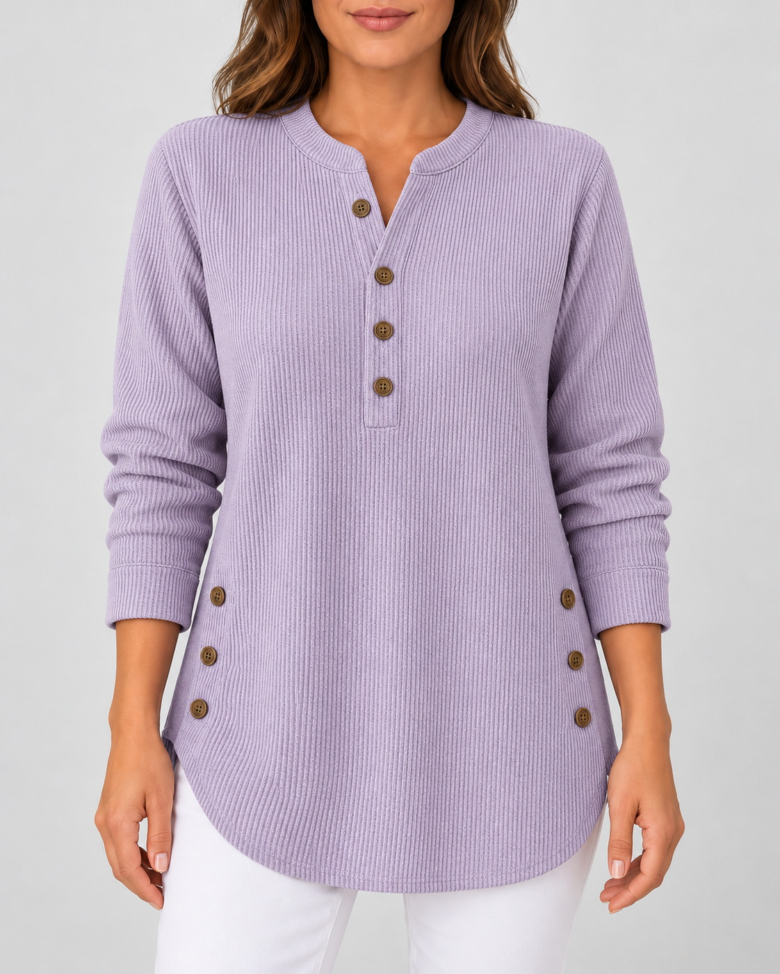 Women's Ribbed Tunic Top with Henley Neck and Side Buttons – Lavender – 1