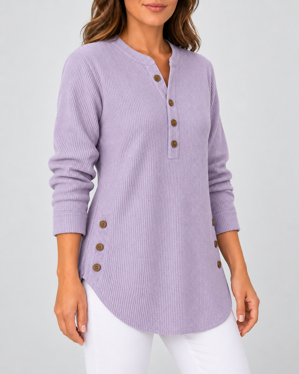 Women's Ribbed Tunic Top with Henley Neck and Side Buttons – Lavender – 2
