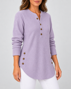 Women's Ribbed Tunic Top with Henley Neck and Side Buttons – Lavender – 2