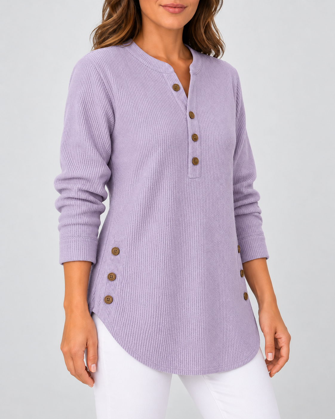 Women's Ribbed Tunic Top with Henley Neck and Side Buttons – Lavender – 2