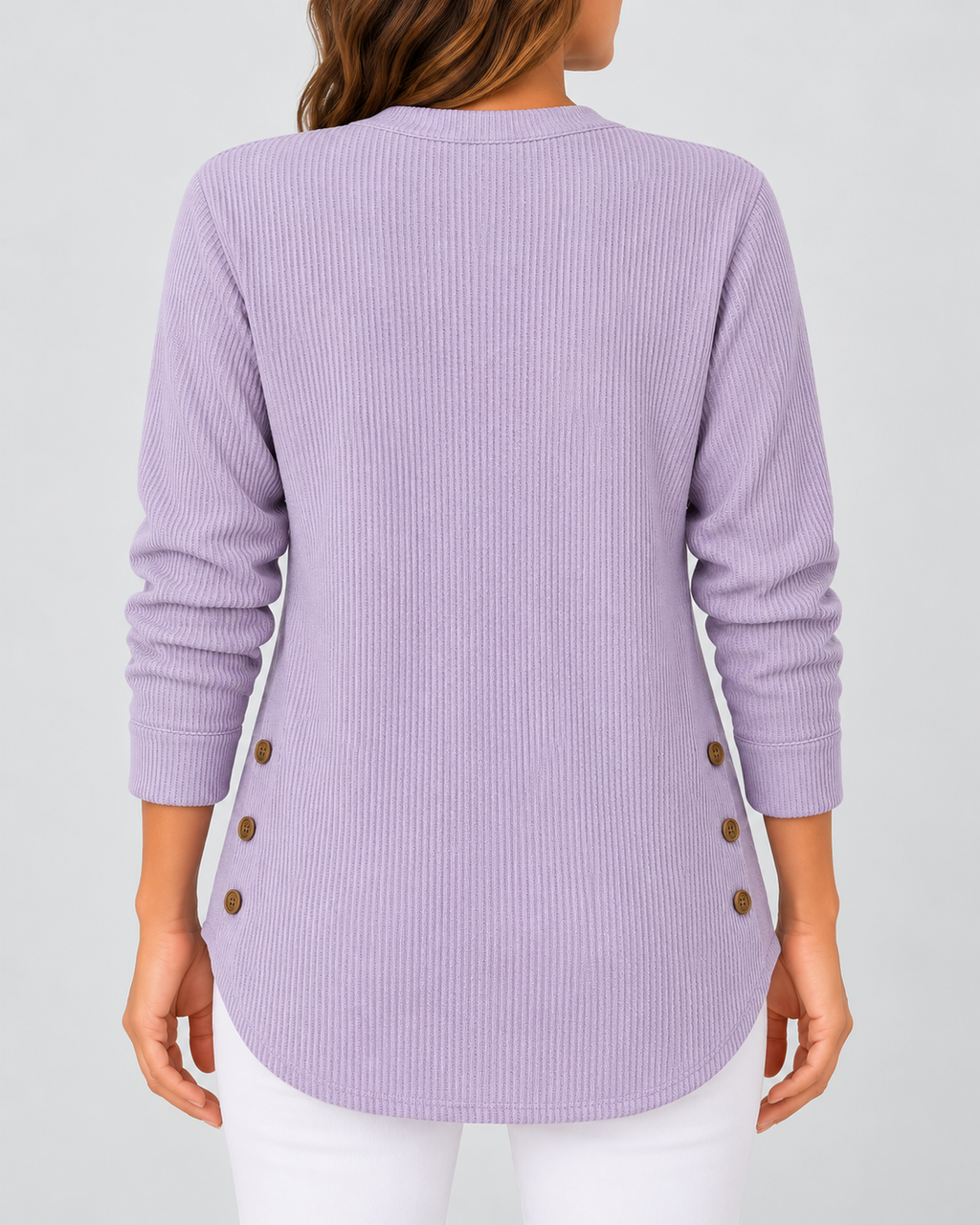 Women's Ribbed Tunic Top with Henley Neck and Side Buttons – Lavender – 3