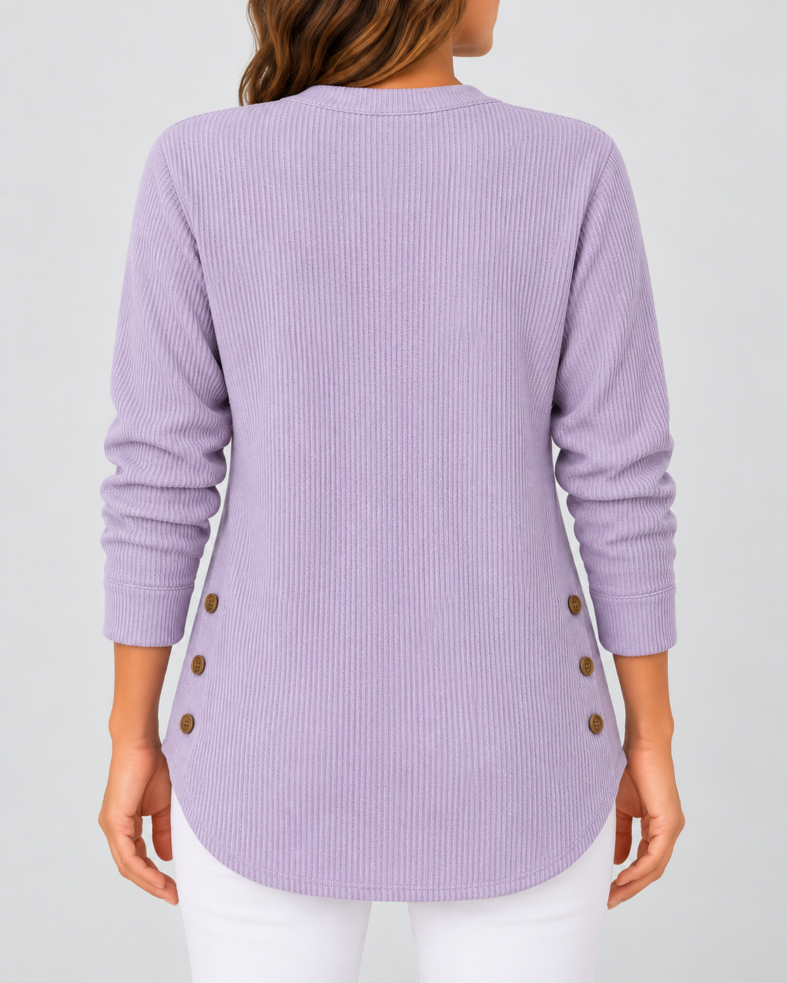 Women's Ribbed Tunic Top with Henley Neck and Side Buttons – Lavender – 3