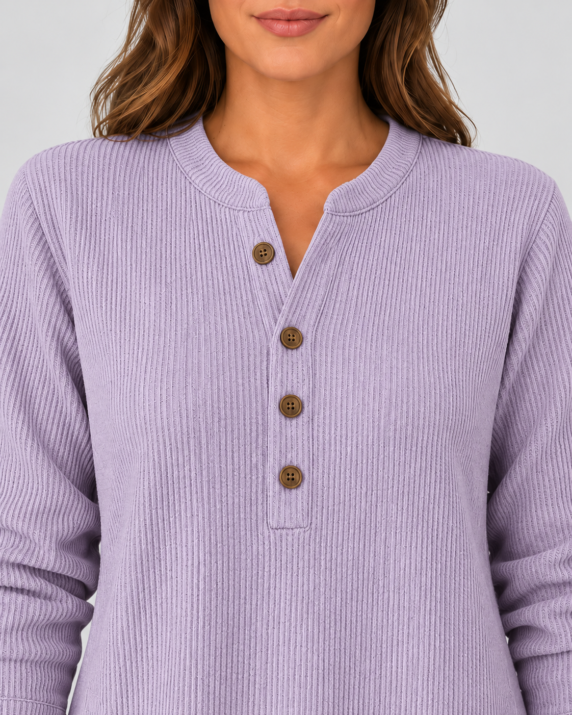 Women's Ribbed Tunic Top with Henley Neck and Side Buttons – Lavender – 4