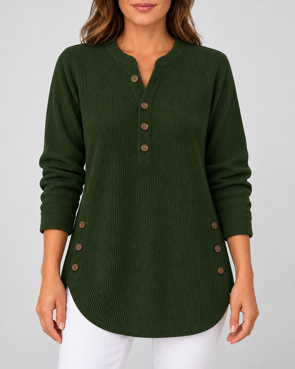 Women's Ribbed Tunic Top with Henley Neck and Side Buttons – Dark Green – 1