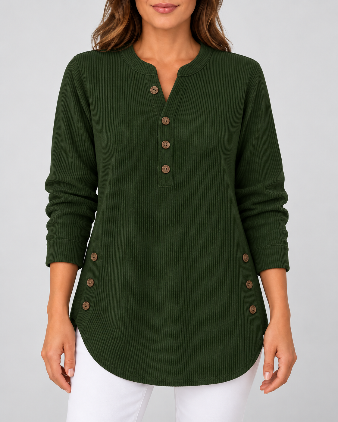 Women's Ribbed Tunic Top with Henley Neck and Side Buttons – Dark Green – 1