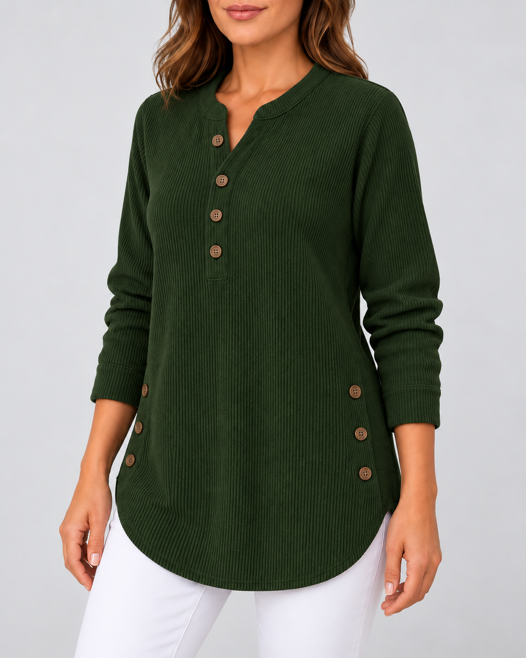 Women's Ribbed Tunic Top with Henley Neck and Side Buttons – Dark Green – 2