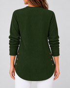 Women's Ribbed Tunic Top with Henley Neck and Side Buttons – Dark Green – 3