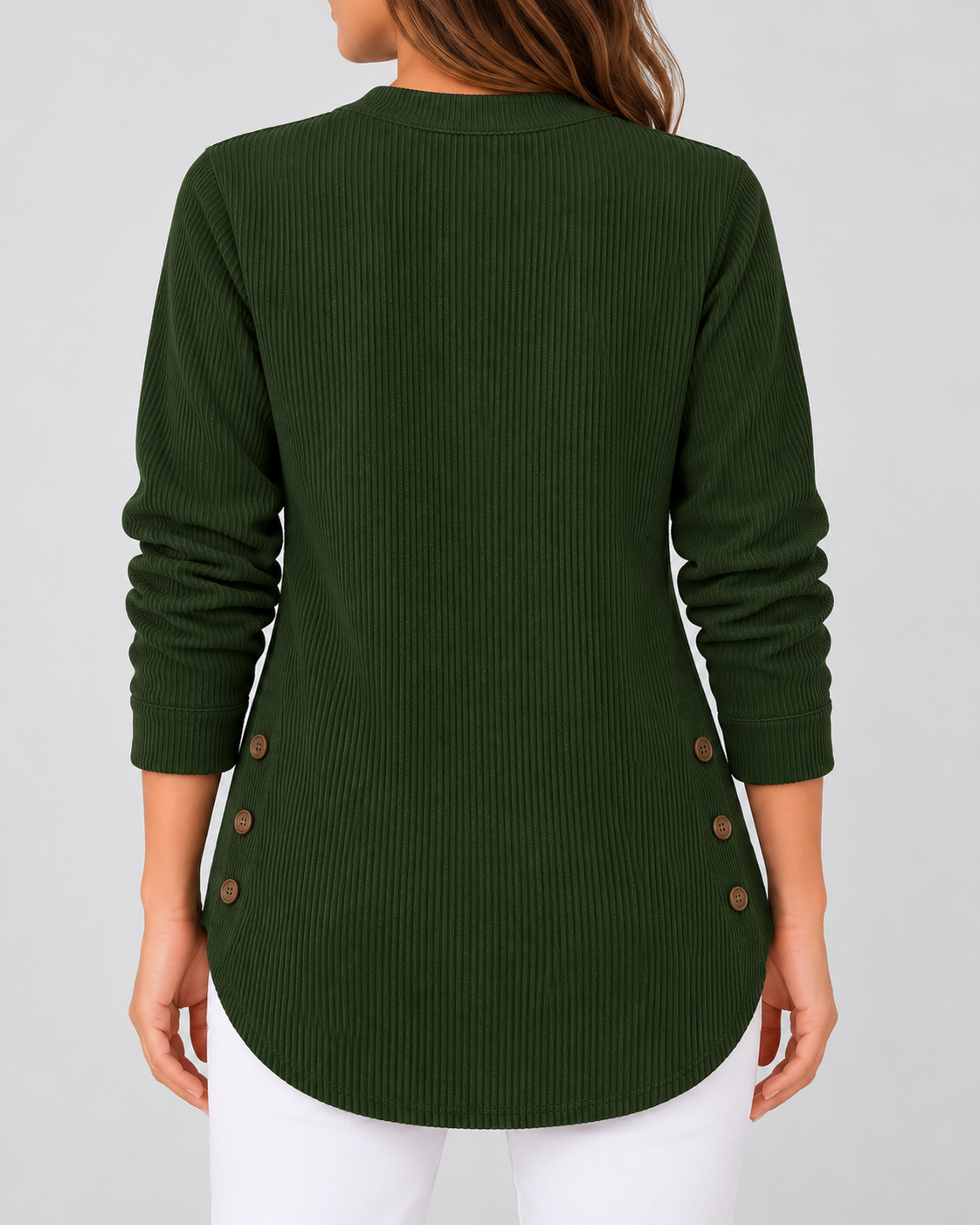 Women's Ribbed Tunic Top with Henley Neck and Side Buttons – Dark Green – 3