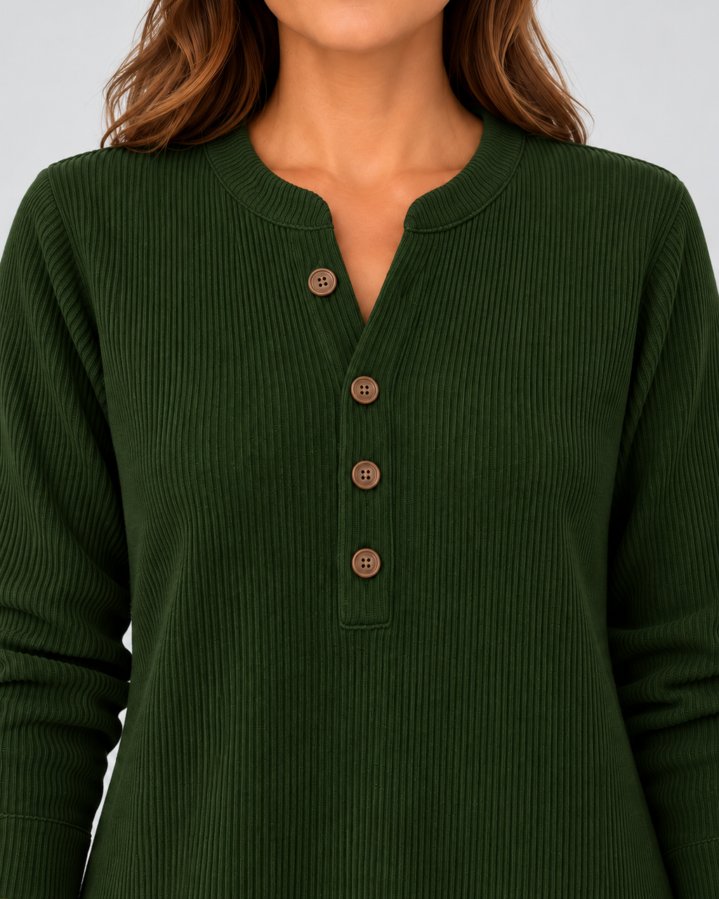 Women's Ribbed Tunic Top with Henley Neck and Side Buttons – Dark Green – 4
