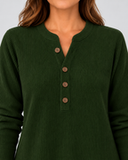 Women's Ribbed Tunic Top with Henley Neck and Side Buttons – Dark Green – 4
