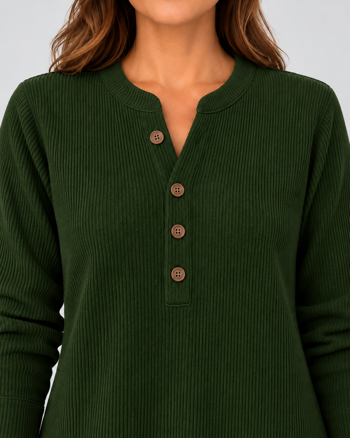 Women's Ribbed Tunic Top with Henley Neck and Side Buttons – Dark Green – 4
