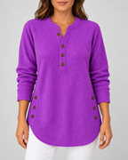 Women's Ribbed Tunic Top with Henley Neck and Side Buttons – Purple – 1