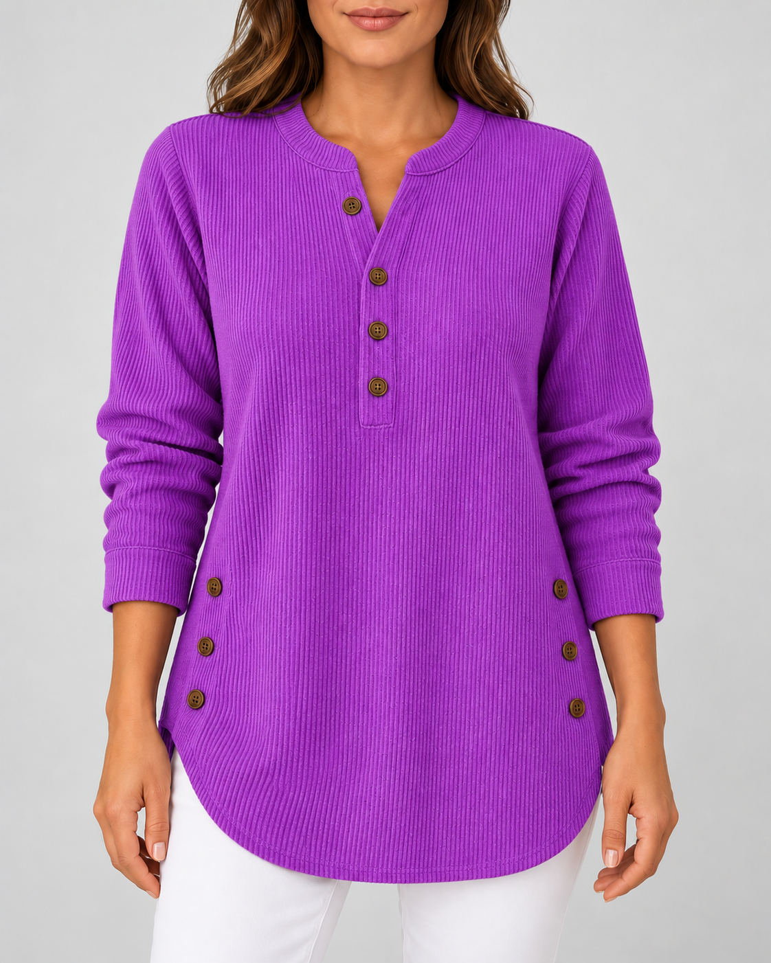 Women's Ribbed Tunic Top with Henley Neck and Side Buttons – Purple – 1
