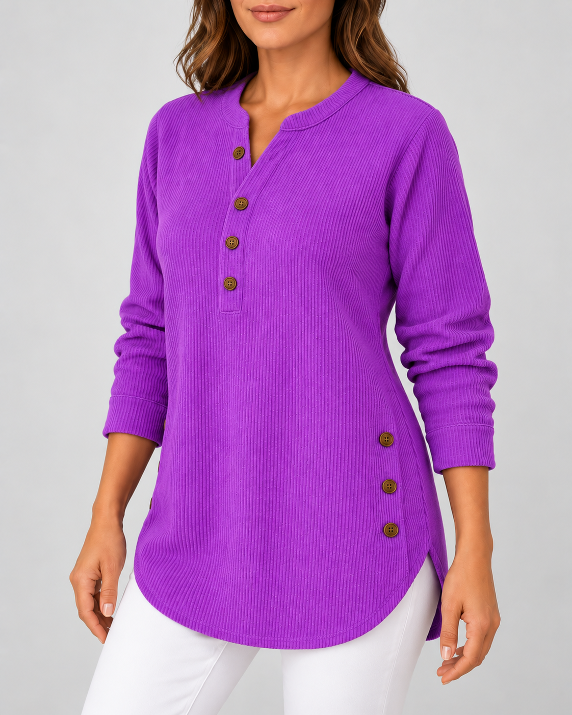 Women's Ribbed Tunic Top with Henley Neck and Side Buttons – Purple – 2