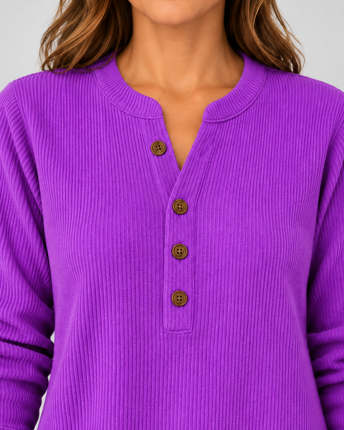 Women's Ribbed Tunic Top with Henley Neck and Side Buttons – Purple – 4