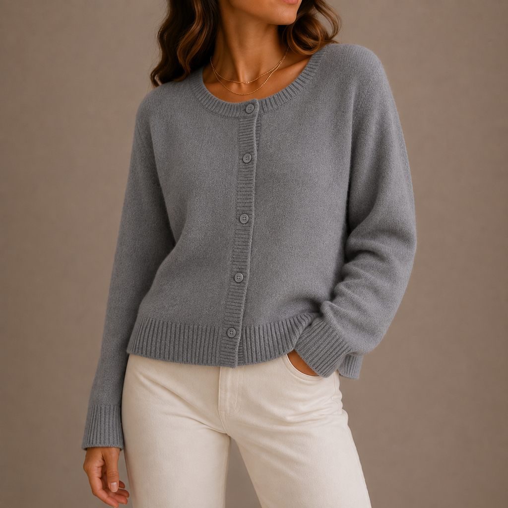 Women's Round Neck Cardigan with Button Front and Ribbed Trims – Grey – 1