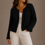 Women's Round Neck Cardigan with Button Front and Ribbed Trims – Black – 1