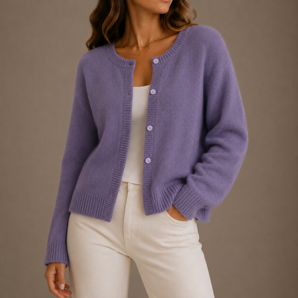 Women's Round Neck Cardigan with Button Front and Ribbed Trims – Purple – 1