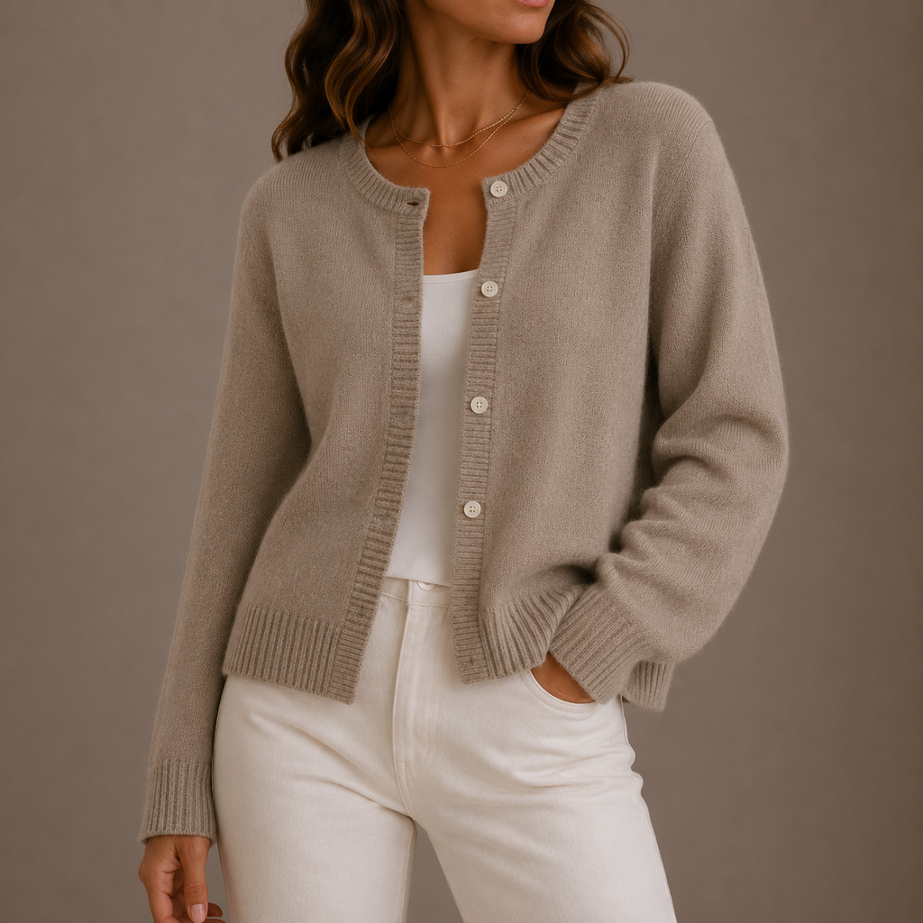 Women's Round Neck Cardigan with Button Front and Ribbed Trims – Beige – 1