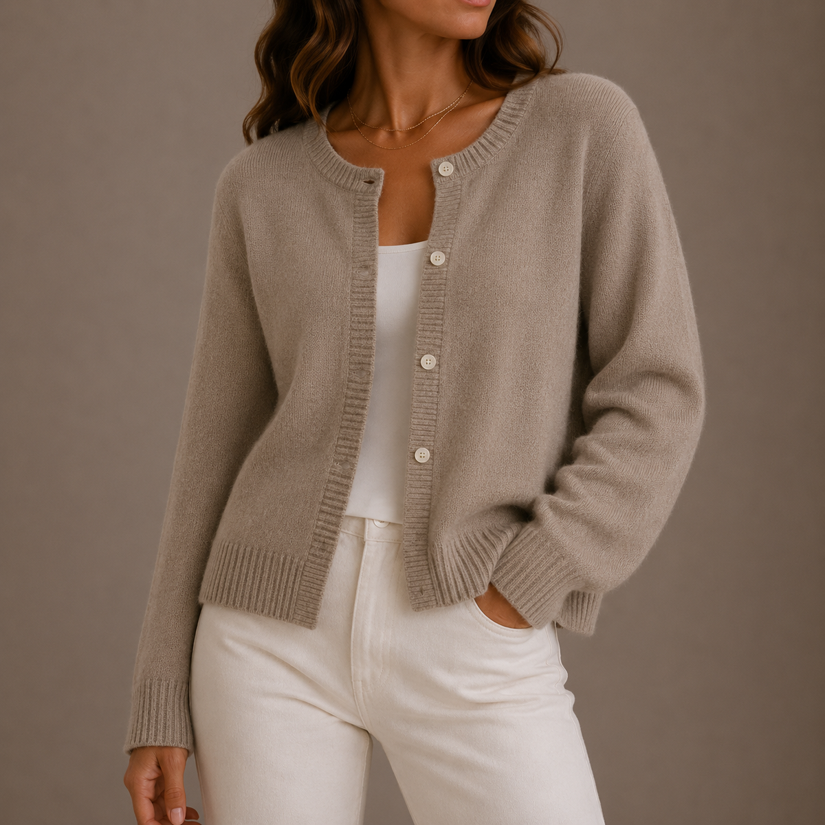 Women's Round Neck Cardigan with Button Front and Ribbed Trims – Beige – 1