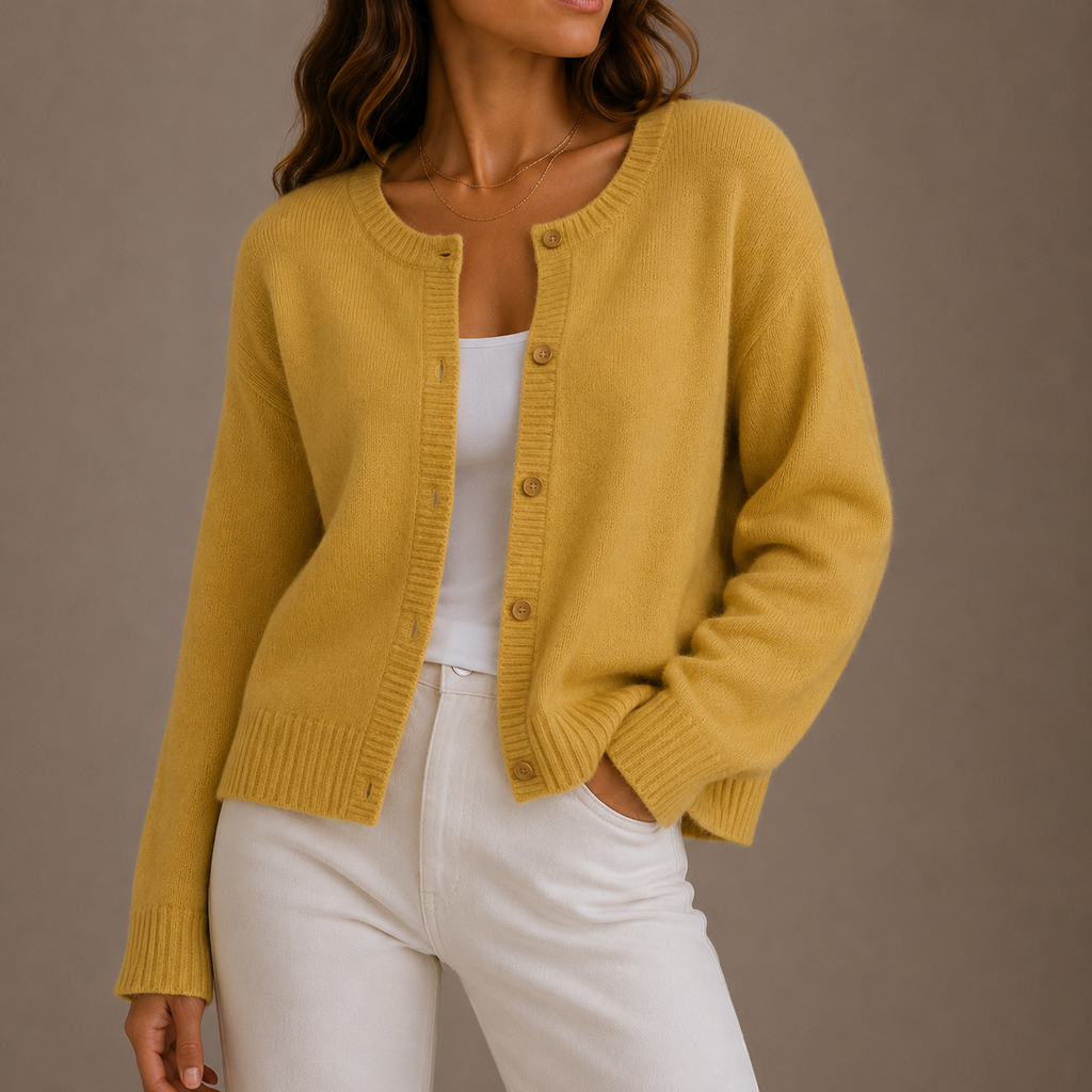 Women's Round Neck Cardigan with Button Front and Ribbed Trims – Yellow – 1