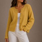 Women's Round Neck Cardigan with Button Front and Ribbed Trims – Yellow – 1