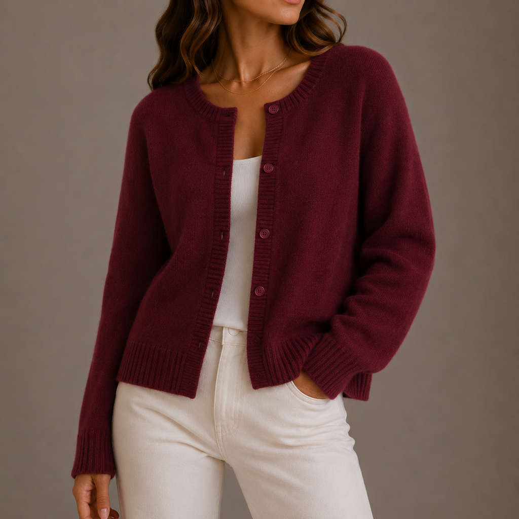 Women's Round Neck Cardigan with Button Front and Ribbed Trims – Burgundy – 1