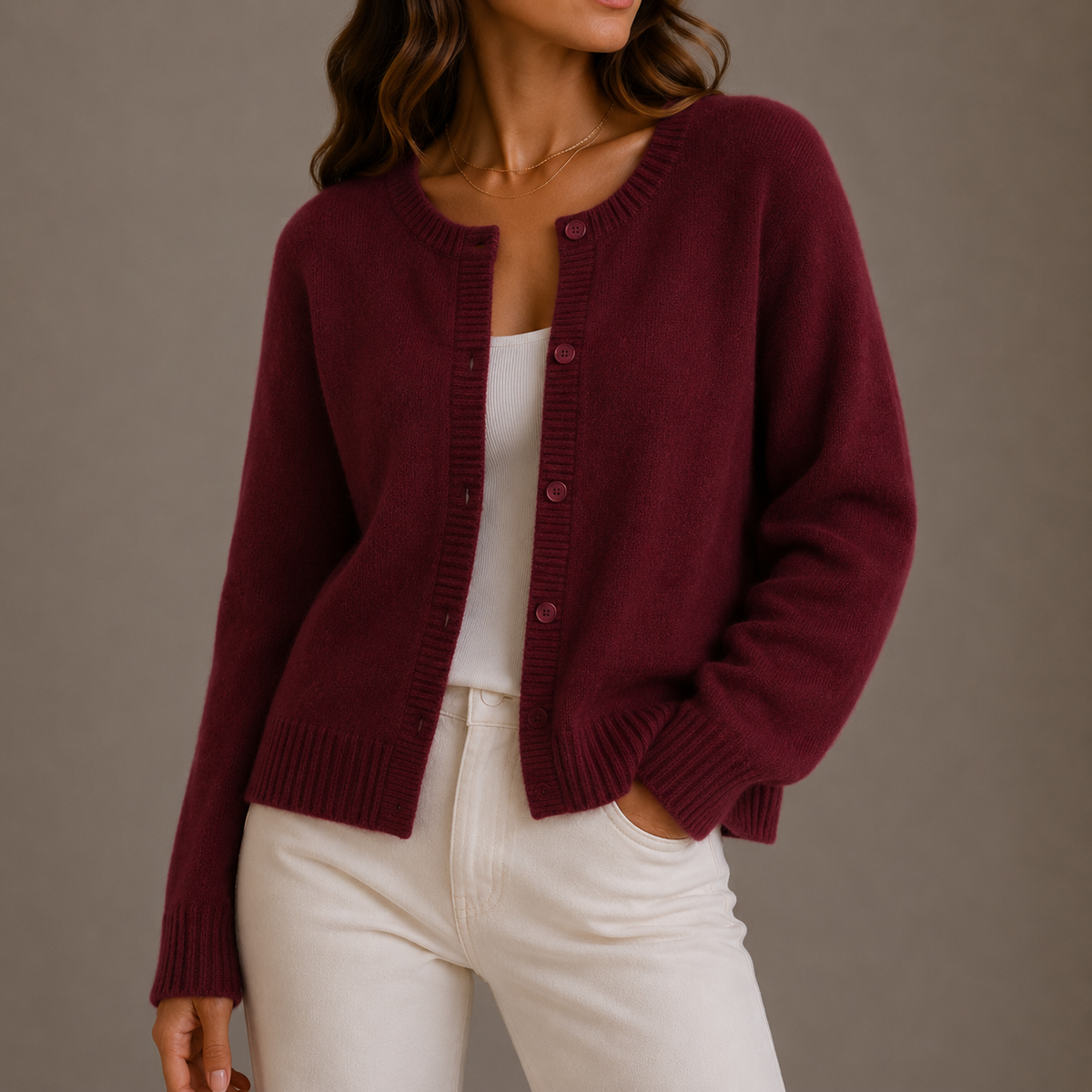 Women's Round Neck Cardigan with Button Front and Ribbed Trims – Burgundy – 1