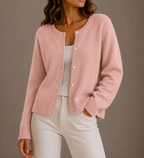 Women's Round Neck Cardigan with Button Front and Ribbed Trims – Pink – 1