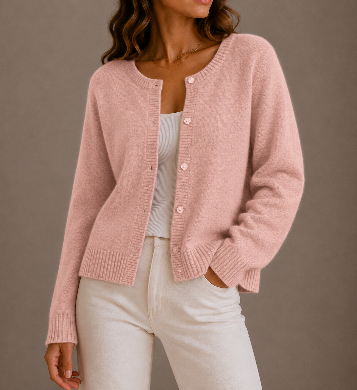 Women's Round Neck Cardigan with Button Front and Ribbed Trims – Pink – 1
