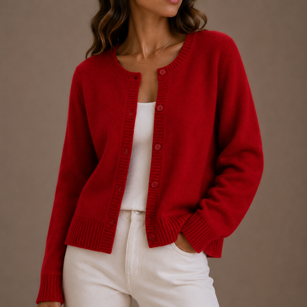 Women's Round Neck Cardigan with Button Front and Ribbed Trims – Red – 1