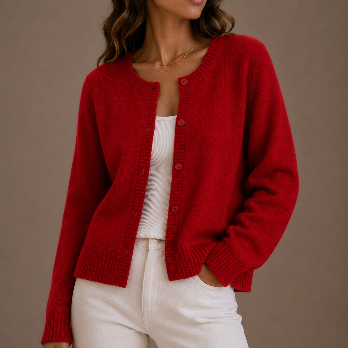 Women's Round Neck Cardigan with Button Front and Ribbed Trims – Red – 1