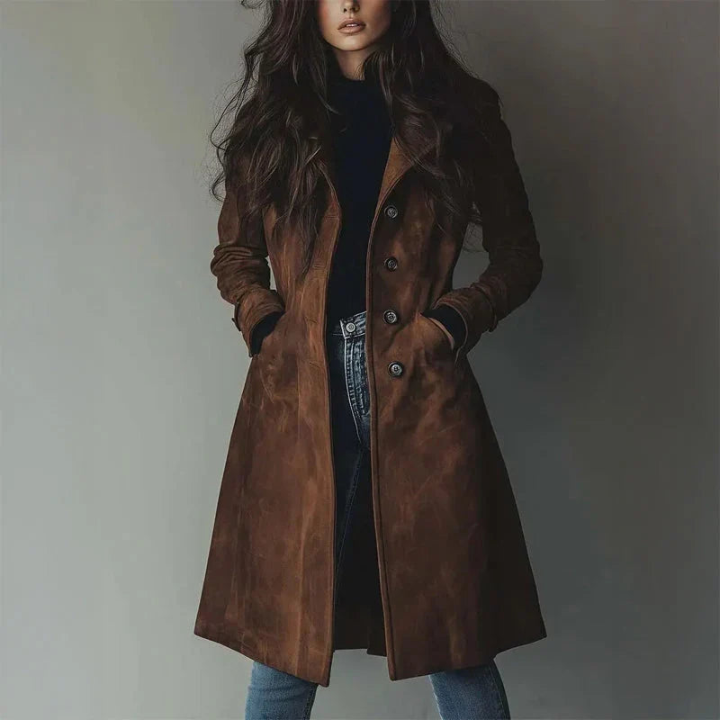 Women's Long Brown Suede Style Jacket with Lapel Collar and Double Breasted Front