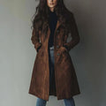 Women's Long Brown Suede Style Jacket with Lapel Collar and Double Breasted Front