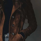 Women's Long Brown Suede Style Jacket with Lapel Collar and Double Breasted Front