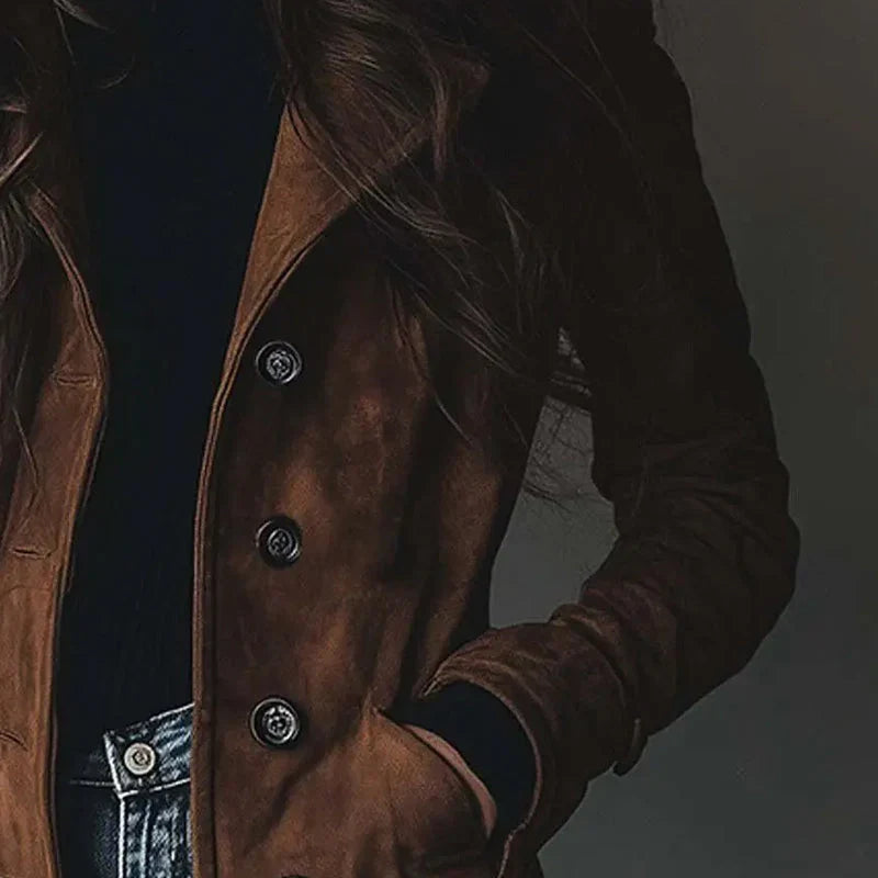 Women's Long Brown Suede Style Jacket with Lapel Collar and Double Breasted Front